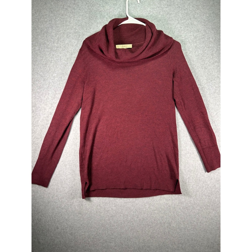 LOFT Cowl Neck Sweater Womens Medium M Burgundy Maroon Knit Split Hem Pullover